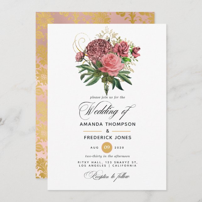  Blush Pink and Gold Floral Wedding Invitation (Front/Back)