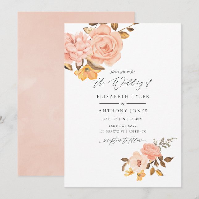 Blush Pink and Gold Floral Wedding Invitation (Front/Back)