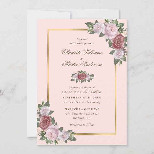 Blush Pink and Gold Floral Wedding Invitations (Front)
