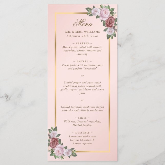 Blush Pink and Gold Floral Wedding Menu (Front)
