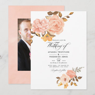 Blush Pink and Gold Floral Wedding Photo Invitation