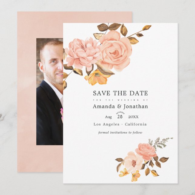 Blush Pink and Gold Floral Wedding Photo Save The Date (Front/Back)