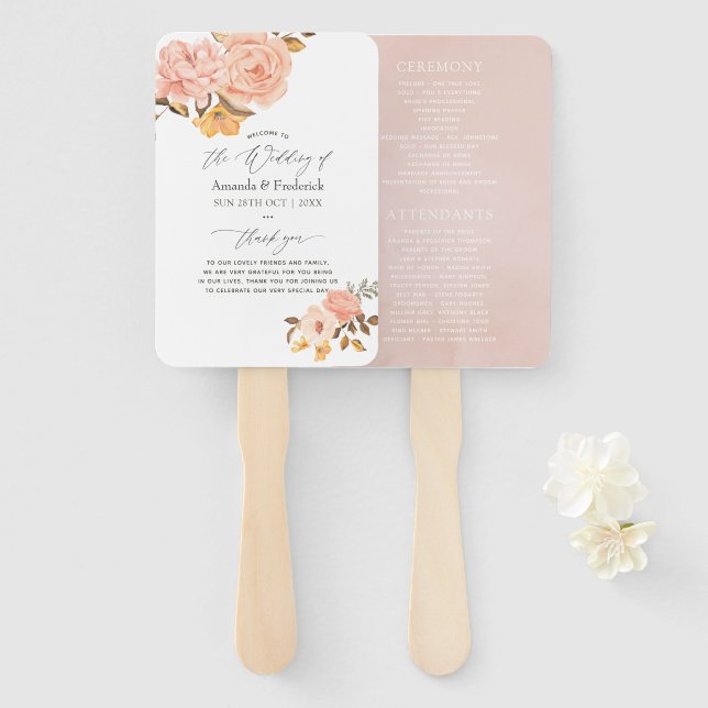 Blush Pink and Gold Floral Wedding Program Hand Fan (Front and Back)
