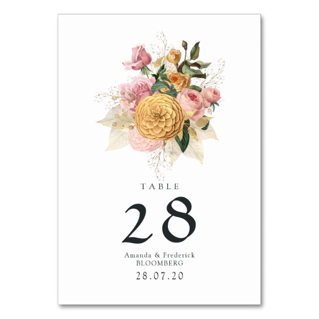  Blush Pink and Gold Floral Wedding Table Number (Front)
