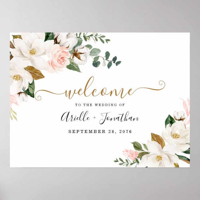 Blush Pink and Gold Floral Wedding Welcome Sign (Front)