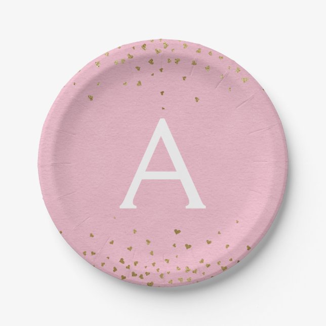 Blush Pink and Gold Foil Confetti Monogram Paper Plate (Front)