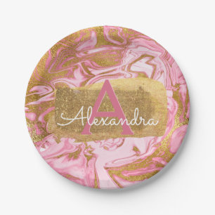 Blush Pink and Gold Foil Elegant Marble Birthday Paper Plate