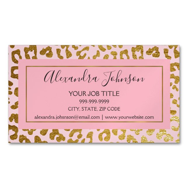 Blush Pink and Gold Foil Leopard Animal Print Magnetic Business Card (Front)