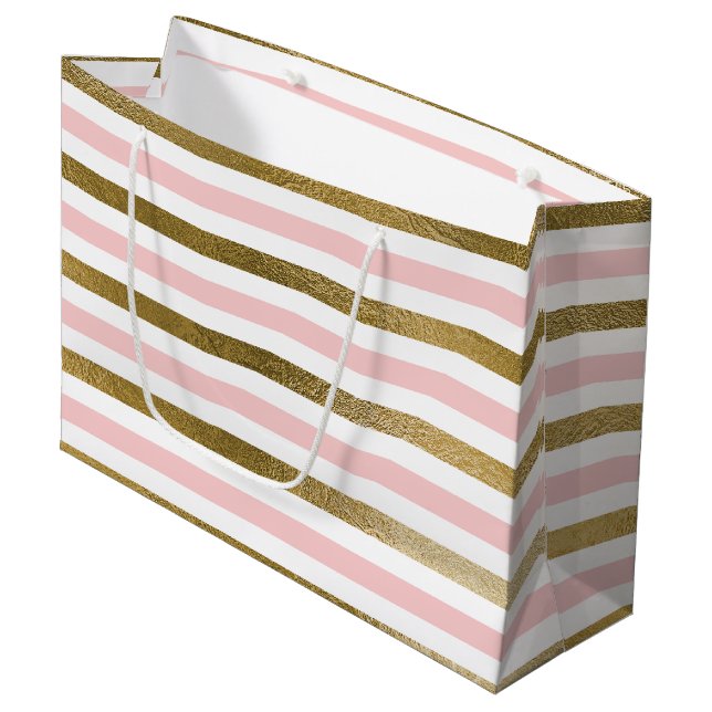 Blush Pink and Gold Foil Stripe Birthday Party Large Gift Bag (Front Angled)