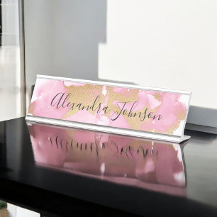 Blush Pink and Gold Foil Wash Girly Desk Name Plate