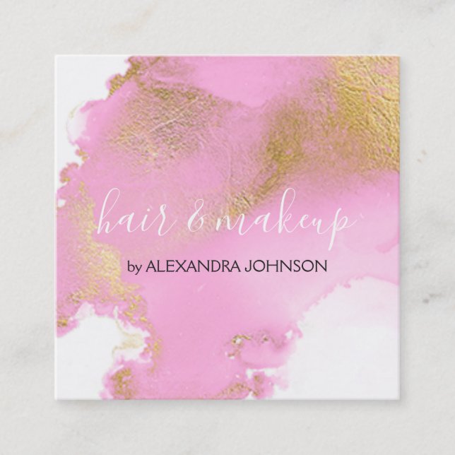 Blush Pink and Gold Foil Wash Girly Square Business Card (Front)