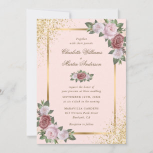 Blush Pink and Gold Frame Confetti Floral Wedding Invitation