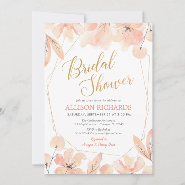 Blush pink and gold garden botanical bridal shower invitation (Front)
