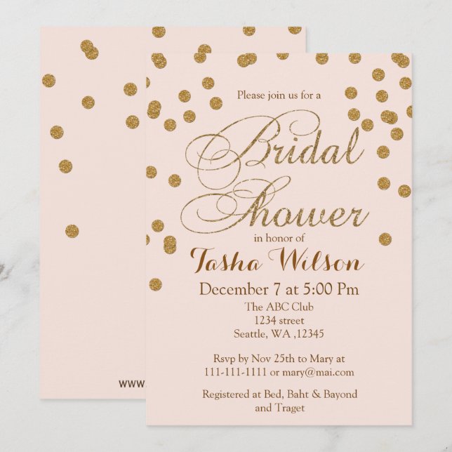 Blush Pink and Gold Glitter Bridal Shower Invite (Front/Back)