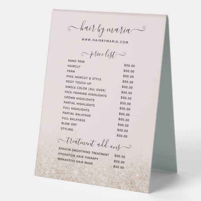 Blush Pink and Gold Glitter Hair Salon Price List  (Front)