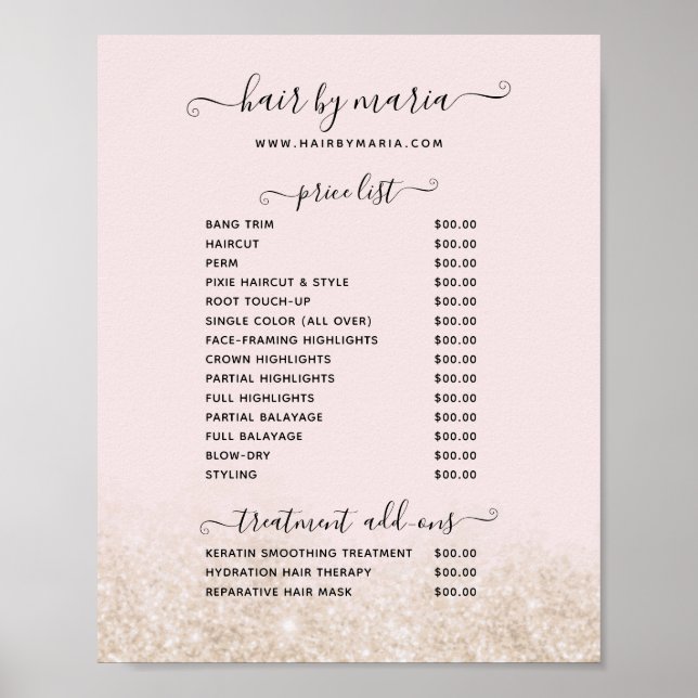 Blush Pink and Gold Glitter Hair Salon Price List Poster (Front)