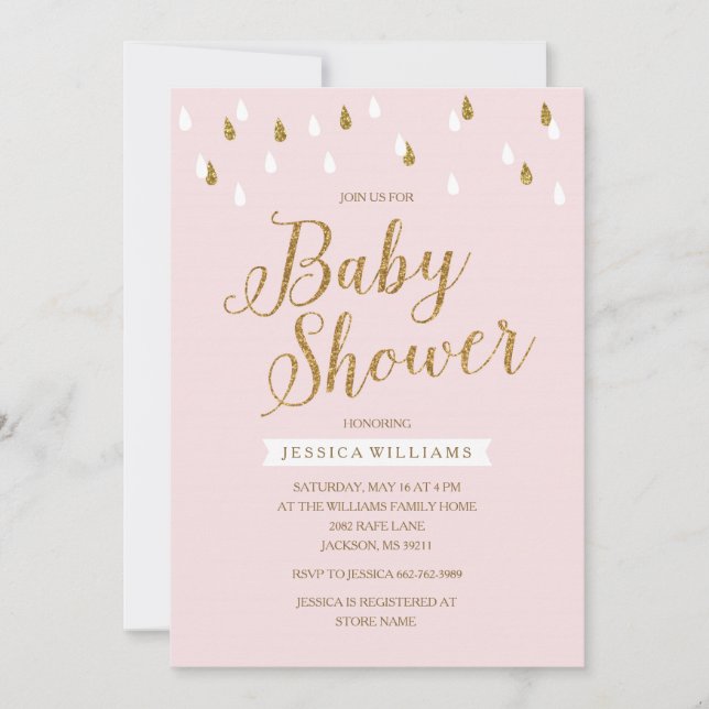 Blush Pink and Gold Glitter Raindrops Baby Shower Invitation (Front)