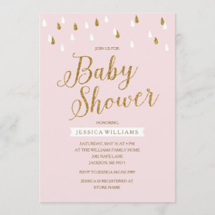 Blush Pink and Gold Glitter Raindrops Baby Shower Invitation