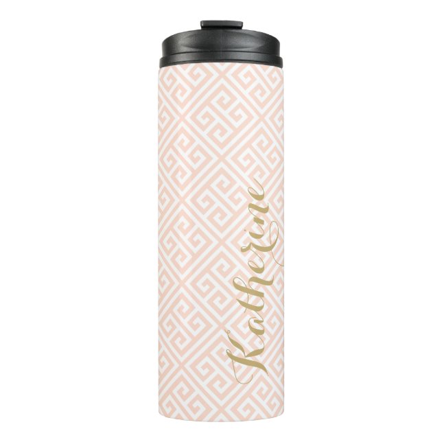 Blush Pink and Gold Greek Key Monogram Thermal Tumbler (Front)