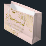 Blush Pink and Gold Lace Elegant Bridesmaid Large Gift Bag<br><div class="desc">This beautiful gift bag is designed as a wedding gift or favour bag for Bridesmaids. It features an elegant blush pink and gold design with golden lace frills in the corners the text "Bridesmaid" as well as a place to enter her name, the couple's name, and the wedding date. Fill...</div>