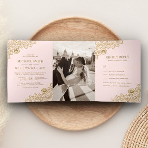 Blush Pink and Gold Lace Wedding Photo Tri-Fold Invitation