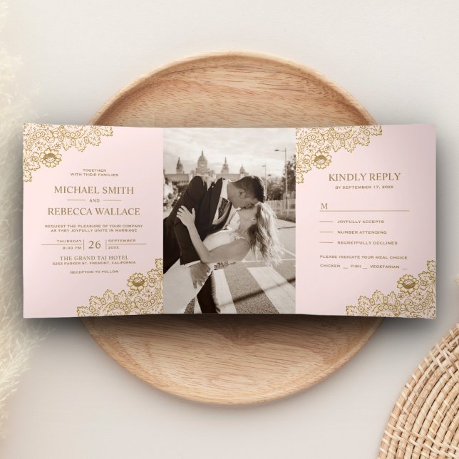 Blush Pink and Gold Lace Wedding Photo Tri-Fold Invitation (Creator Uploaded)