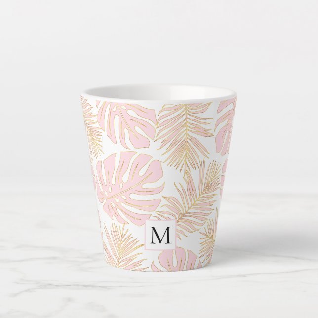 Blush pink and gold leaves and monogram latte mug (Front)
