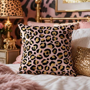 Blush Pink and Gold Leopard Print Animal Pattern Cushion