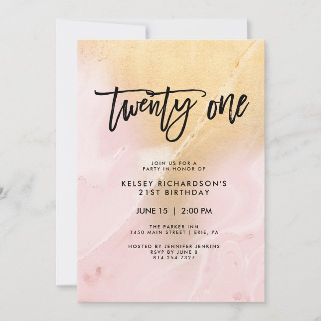Blush Pink and Gold Marble | 21st Birthday Party Invitation (Front)