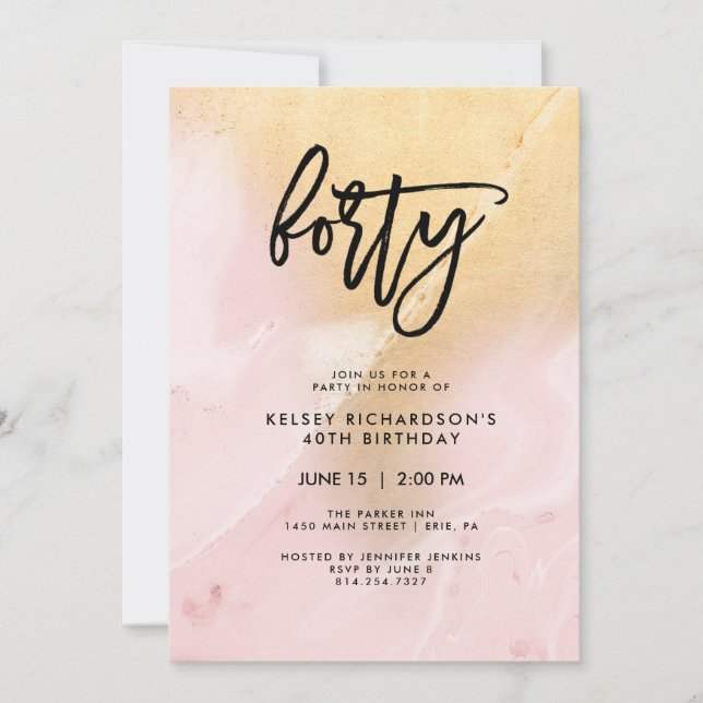 Blush Pink and Gold Marble | 40th Birthday Party Invitation (Front)