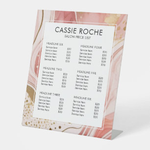 Blush pink and gold marble salon price list pedestal sign