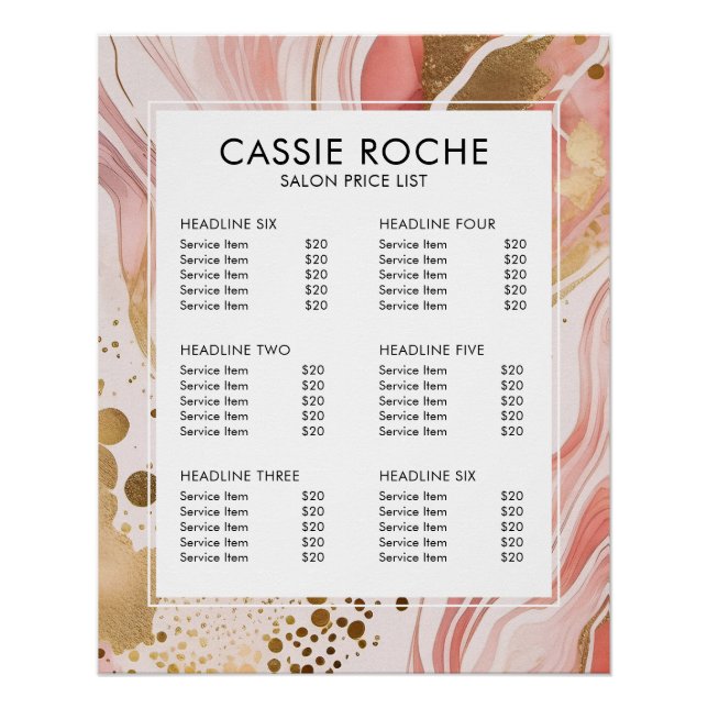 Blush pink and gold marble salon price list poster (Front)