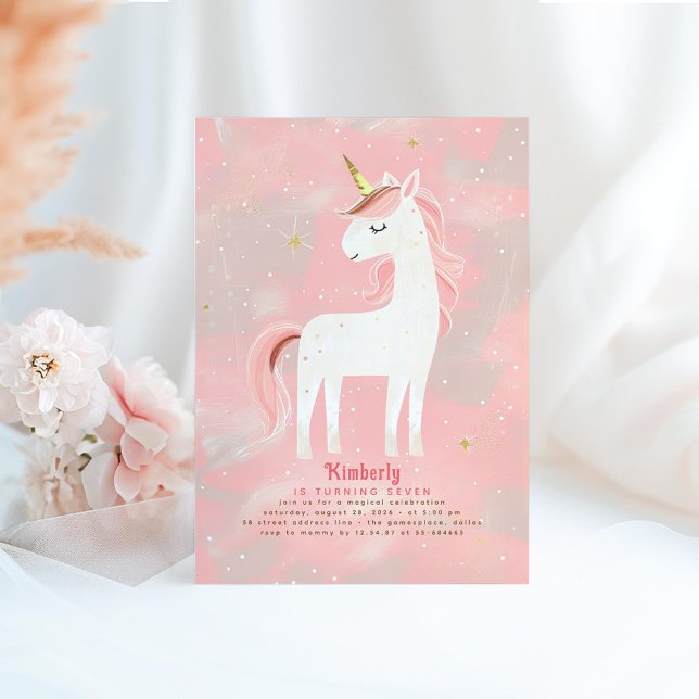Blush Pink and Gold Minimalist Unicorn Birthday Invitation (Unicorn Birthday Invitation Pink Beige and Gold)