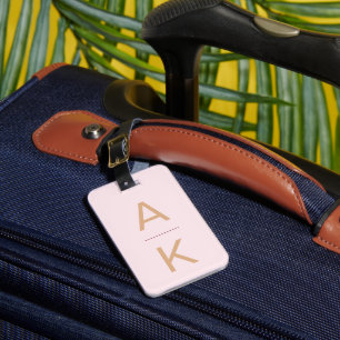 Blush pink and gold modern personalised monogram luggage tag