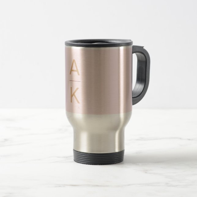Blush pink and gold modern personalised monogram travel mug (Front Right)