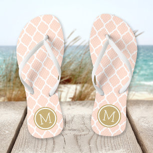 Blush Pink and Gold Moroccan Quatrefoil Monogram Flip Flops