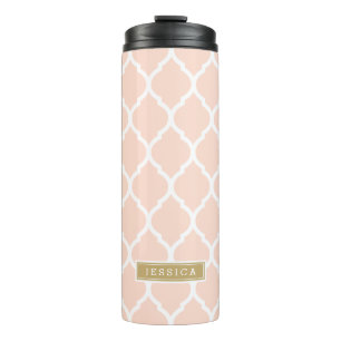Blush Pink and Gold Moroccan Quatrefoil Monogram Thermal Tumbler