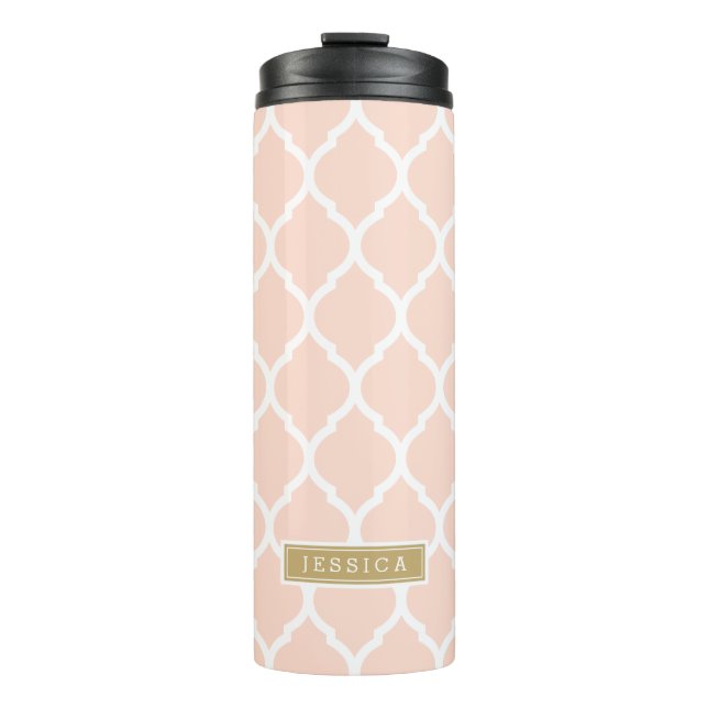 Blush Pink and Gold Moroccan Quatrefoil Monogram Thermal Tumbler (Front)