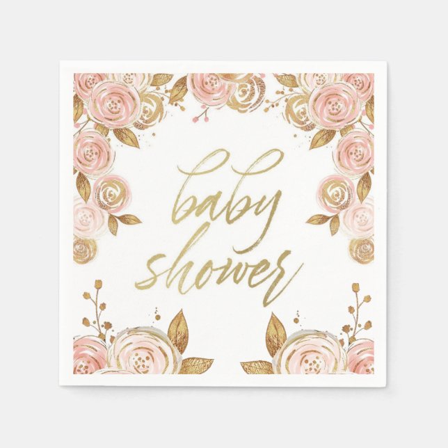 Blush Pink and Gold Peony Chic Girl Baby Shower Napkin (Front)