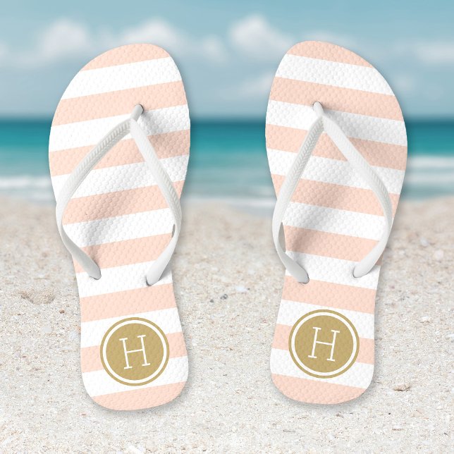 Blush Pink and Gold Preppy Stripes Monogram Flip Flops (Creator Uploaded)