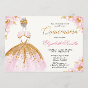 Blush pink and gold princess quinceanera invitation