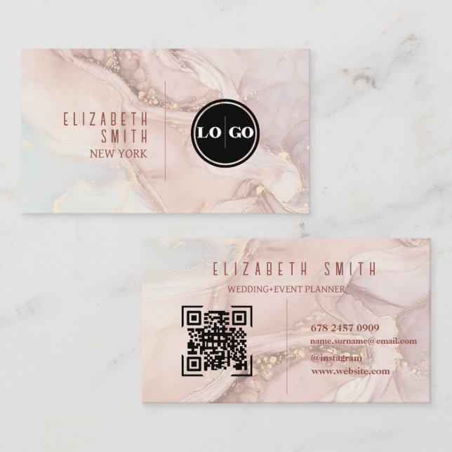  Blush Pink  and Gold QR Code Logo Agate Business Card (Front/Back)