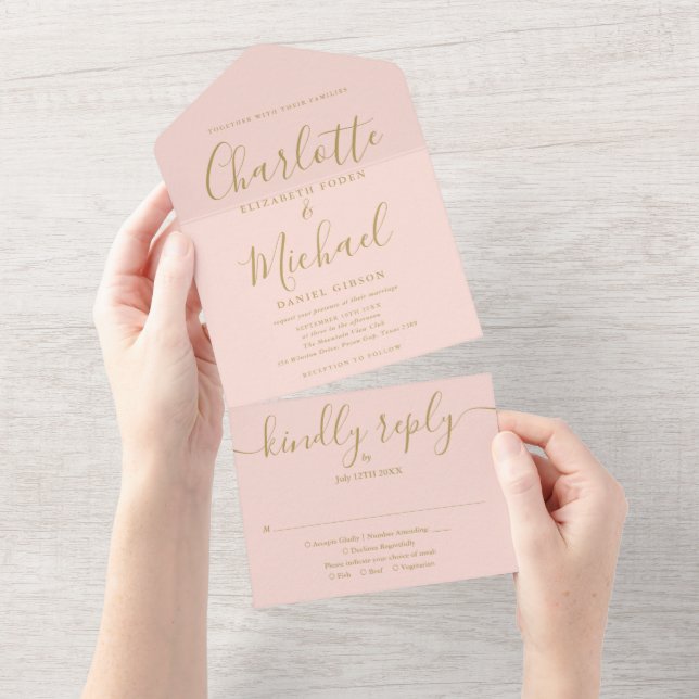 Blush Pink And Gold Script Minimalist Wedding All In One Invitation (Tearaway)