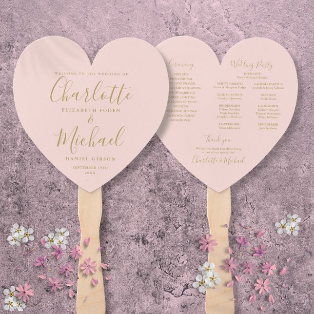 Blush Pink And Gold Script Wedding Program Heart Hand Fan (Blush Pink And Gold Script Wedding Program Heart Hand Fan)