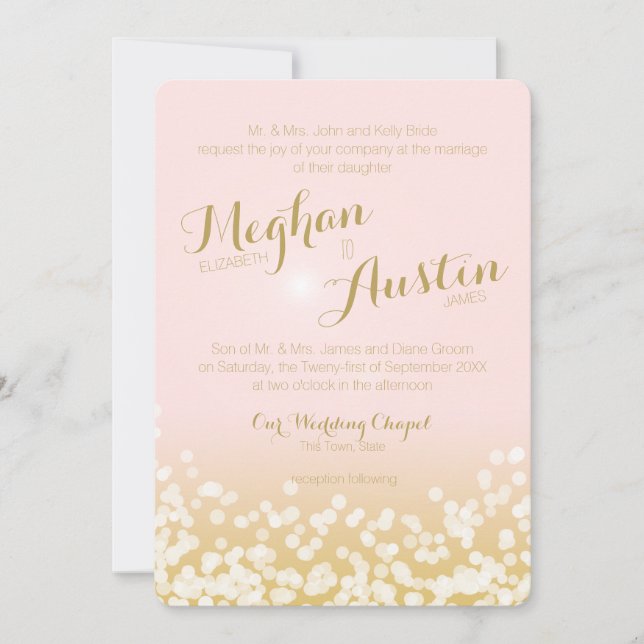 Blush Pink and Gold Sparkle Lights Wedding Invitation (Front)