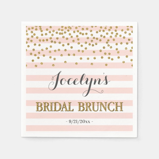 Blush Pink and Gold Stripes Confetti Bridal Brunch Napkin (Front)