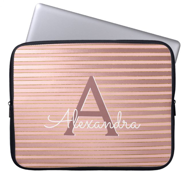Blush Pink and Gold Stripes Monogram Girly Laptop Sleeve (Front)