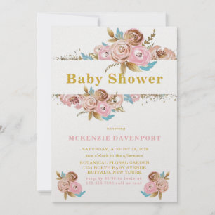 Blush Pink and Gold Teal Peony Baby Shower Invitation