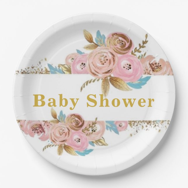 Blush Pink and Gold Teal Peony Baby Shower Paper Plate (Front)