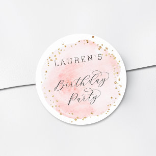 Blush Pink and Gold Watercolor Birthday Party Classic Round Sticker